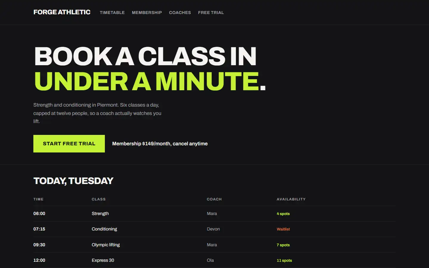 Forge Athletic concept: book a class in under a minute, with today’s timetable