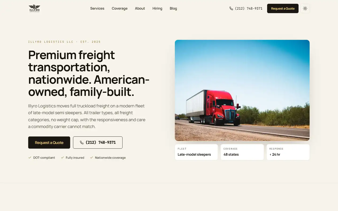 Illyro Logistics home page: premium freight transportation, with a quote button and a photo of a truck