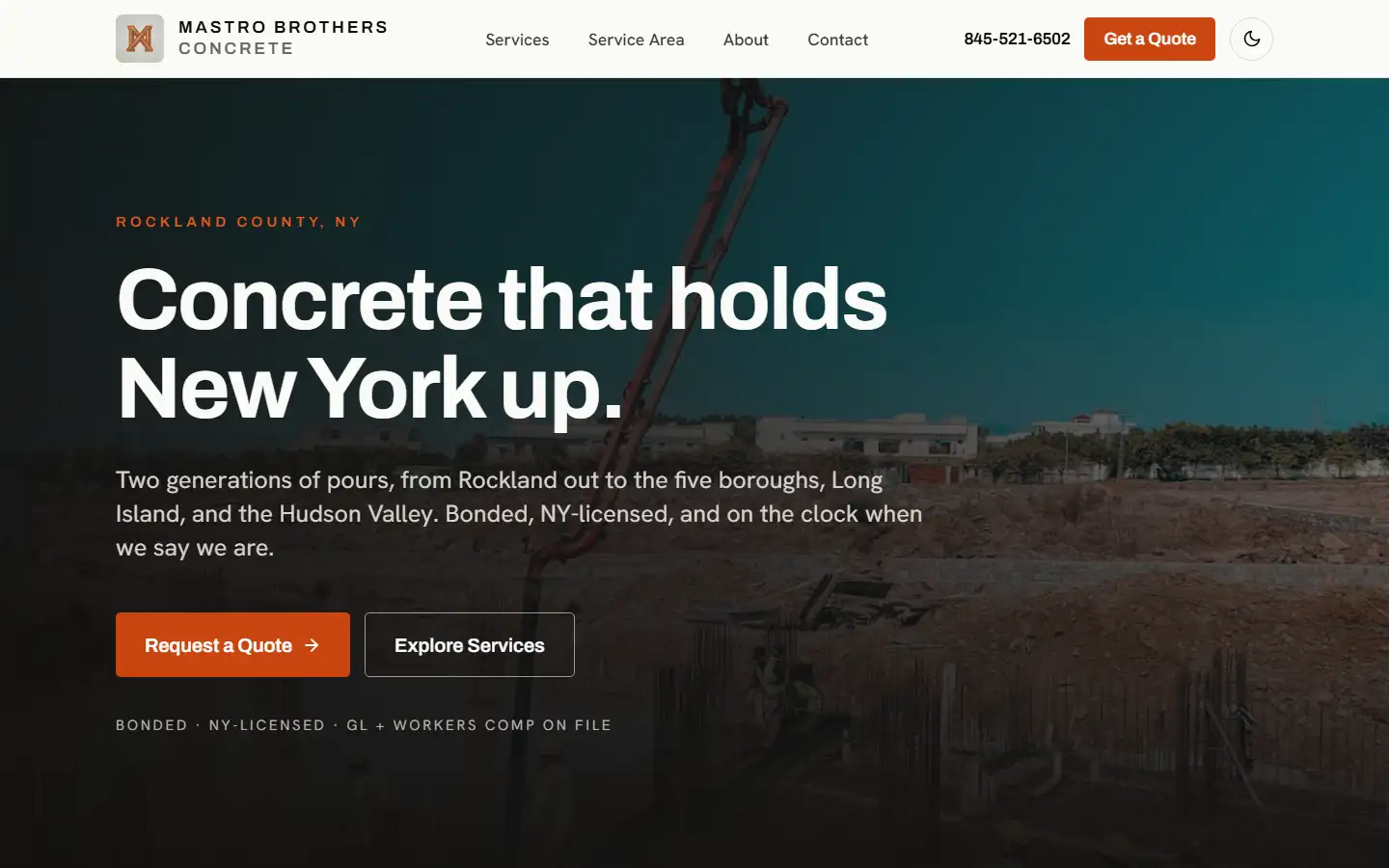 Mastro Brothers Concrete home page: Concrete that holds New York up, with a quote button
