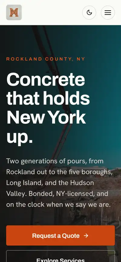 Mastro Brothers Concrete home page: Concrete that holds New York up, with a quote button